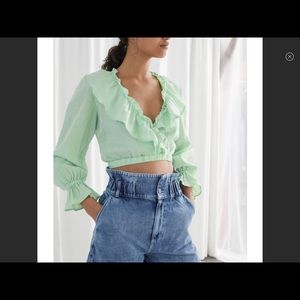 & Other Stories Green Linen Ruffled Crop Top, 6